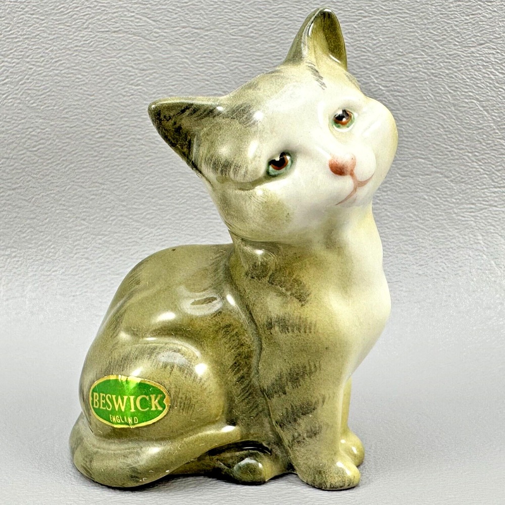 Beswick Sitting Cat Figurine Porcelain Mini Grey Kitty Blue Eyes 3" England Vtg